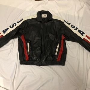 Leather Men’s Black  Bomber Jacket with USA Flag